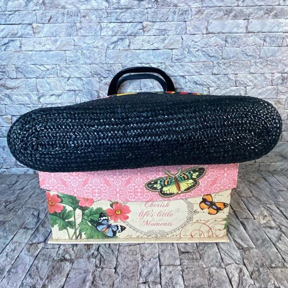 Floral Wheat Straw Tote Bag Dual Handle Snap Closure Brightly Colored Handbag - Picture 6 of 7